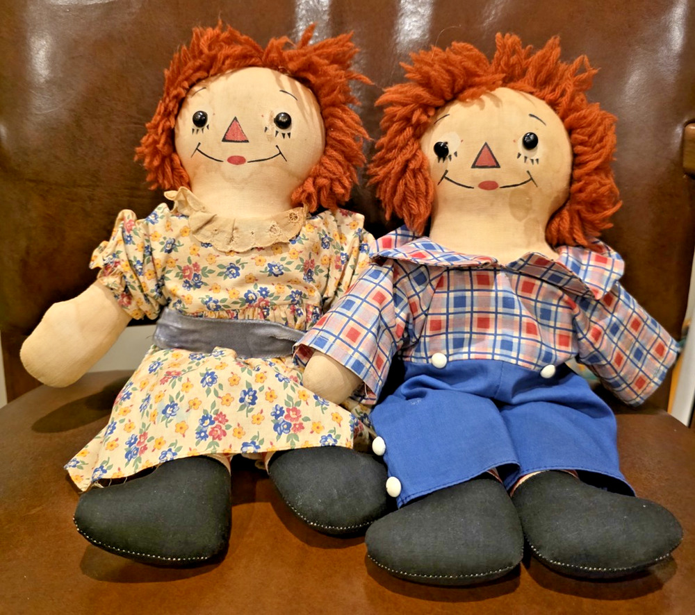 Georgene Raggedy Ann Andy Vtg 13in Awake Asleep Outlined Nose Pair 1940s Gruelle